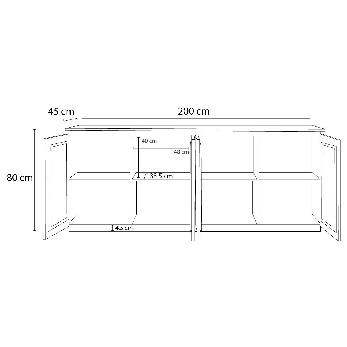 Buffet en bois massif 4 portes 200 cm, BARBARA marron foncé, BOBOCHIC