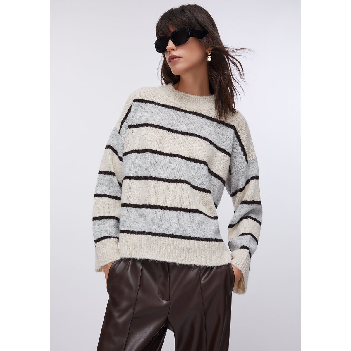 Pull à rayures en laine et alpaga gris et beige, LIU JO