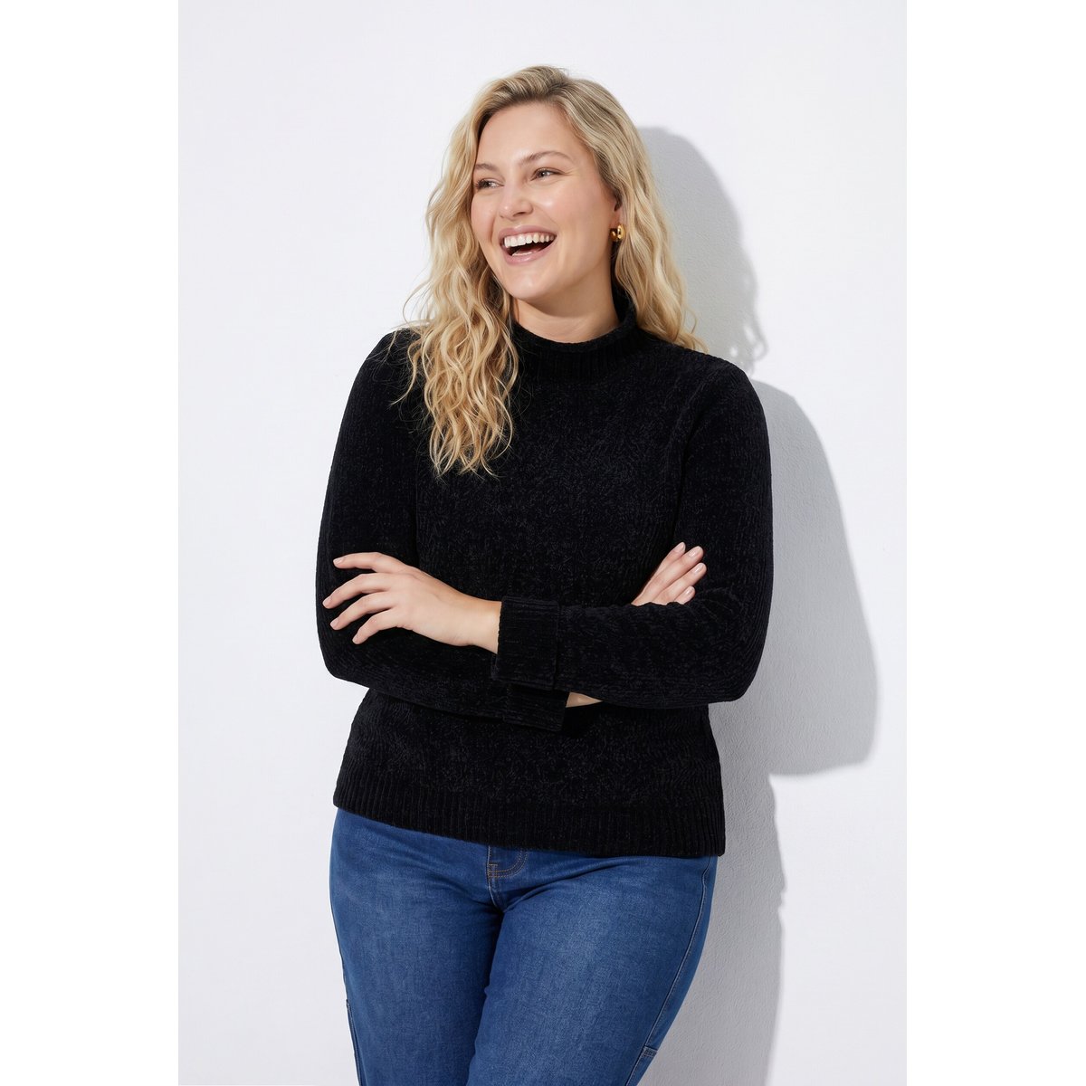 Pull en maille chenille, col roulé noir, ULLA POPKEN
