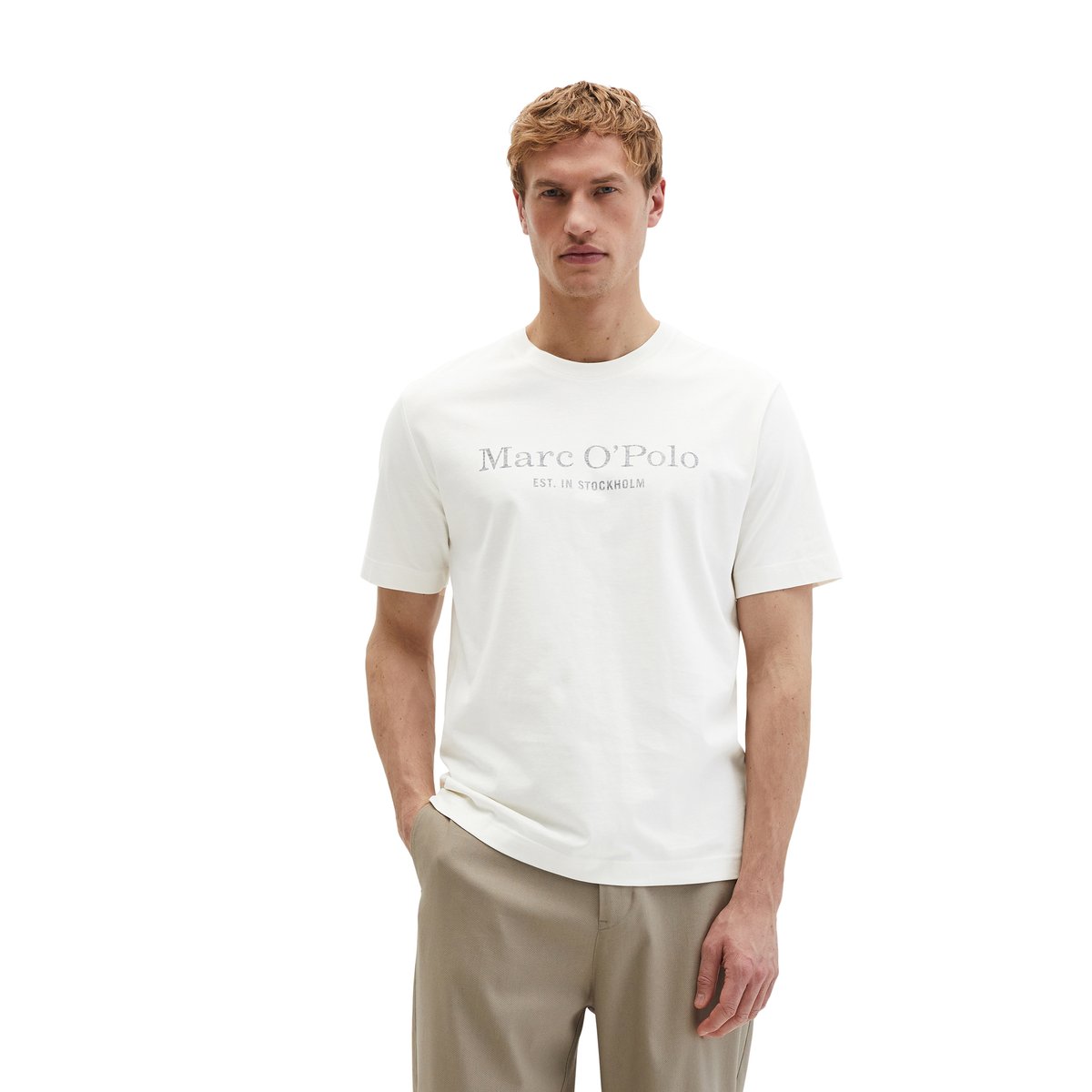 T-shirt regular en coton organique blanc naturel, MARC O'POLO