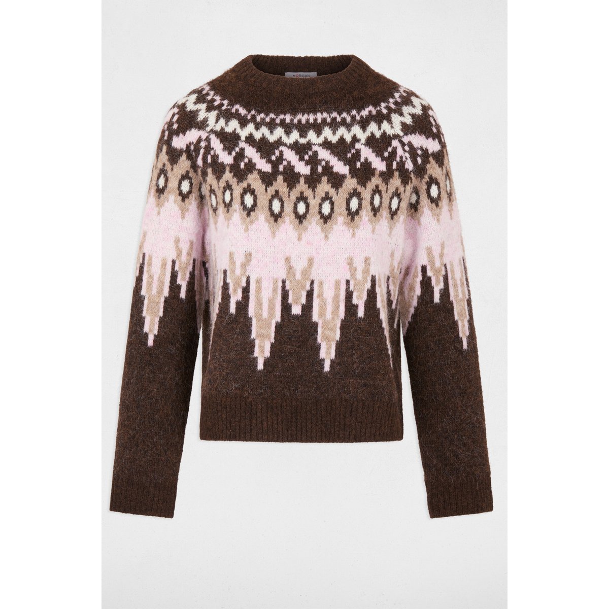 Pull jacquard col rond marron foncé, MORGAN