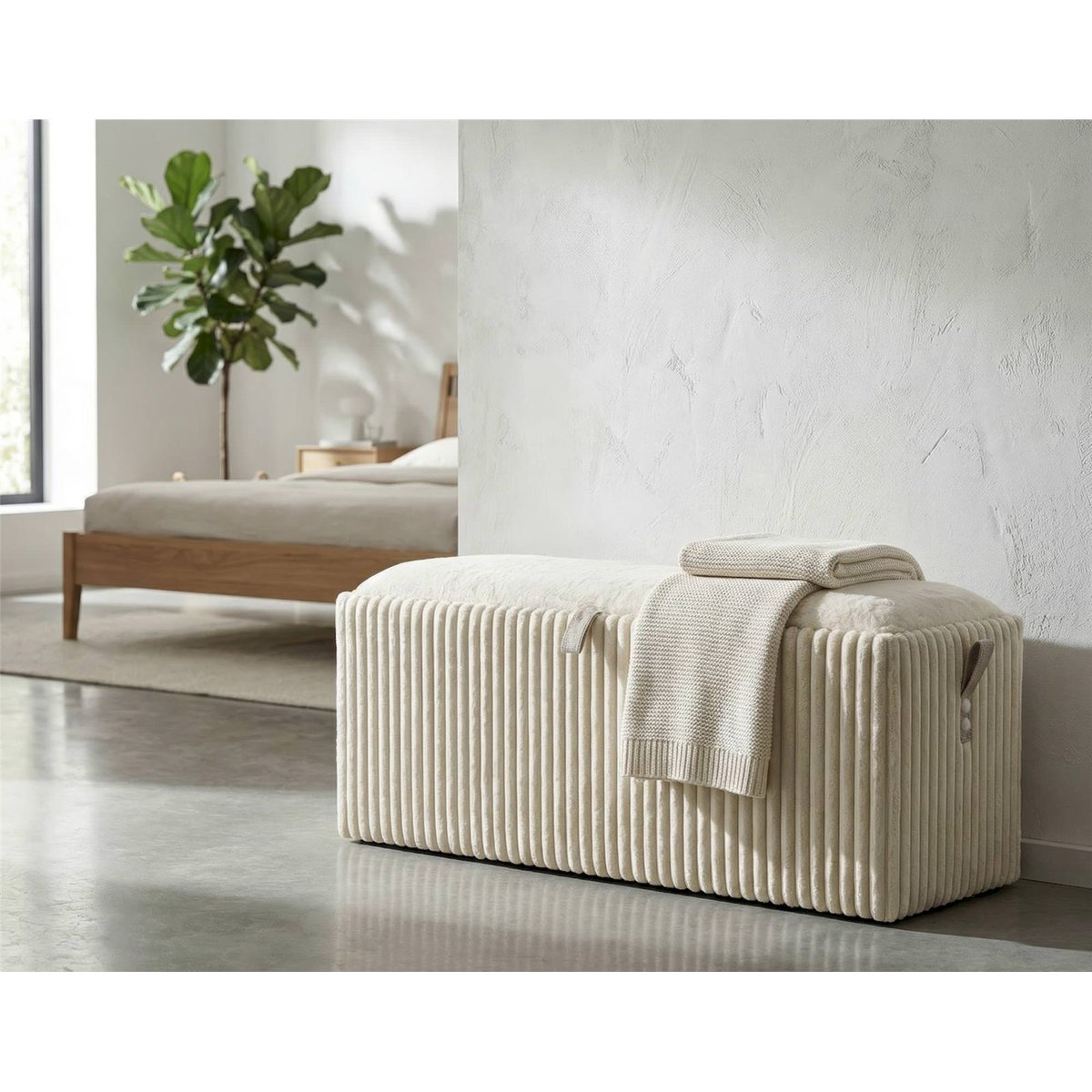 Banc coffre scandinave tissu côtelé MODERN blanc écru, RECOLLECTION