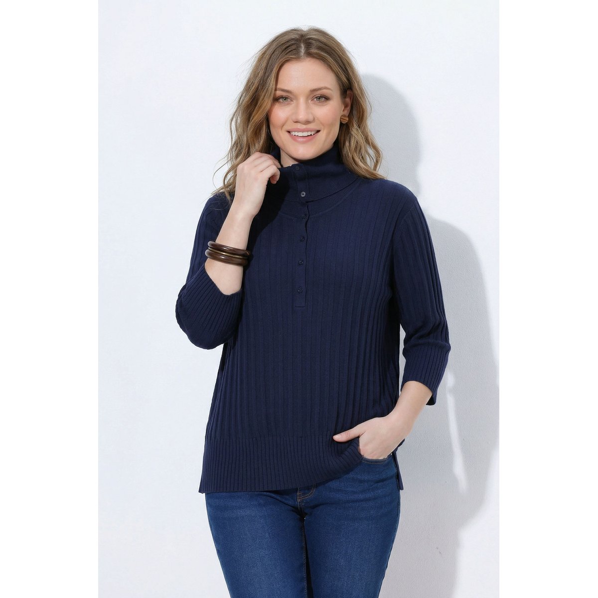 Pull col roulé en coton bio, manches 3/4 marine, ULLA POPKEN