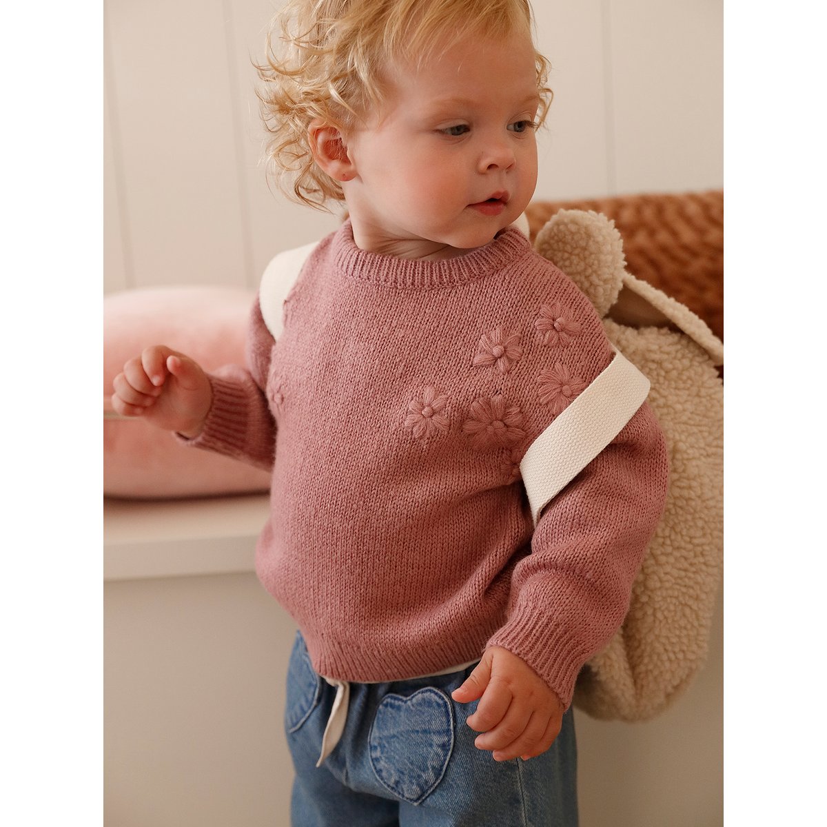 Pull bébé en tricot avec fleurs brodées rose, VERTBAUDET