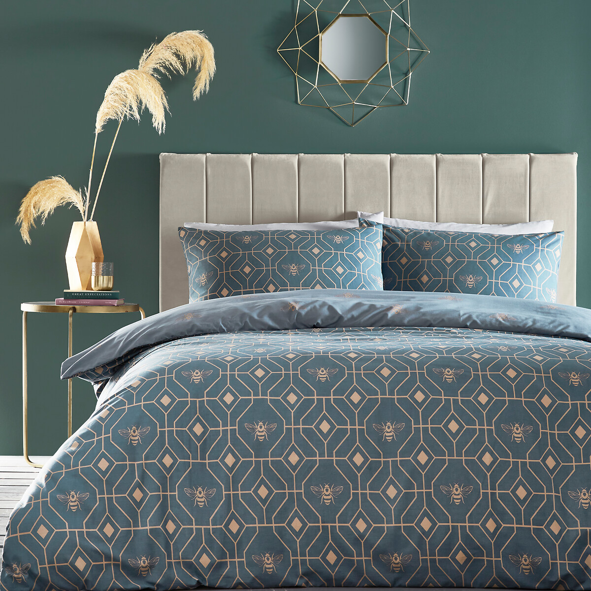 Bee Deco Geometric Cotton Mix Duvet Cover and Pillowcase Set blue, FURN.