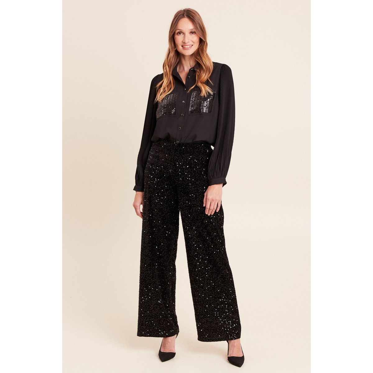 Chemise fluide à sequins manches longues noir, BREAL