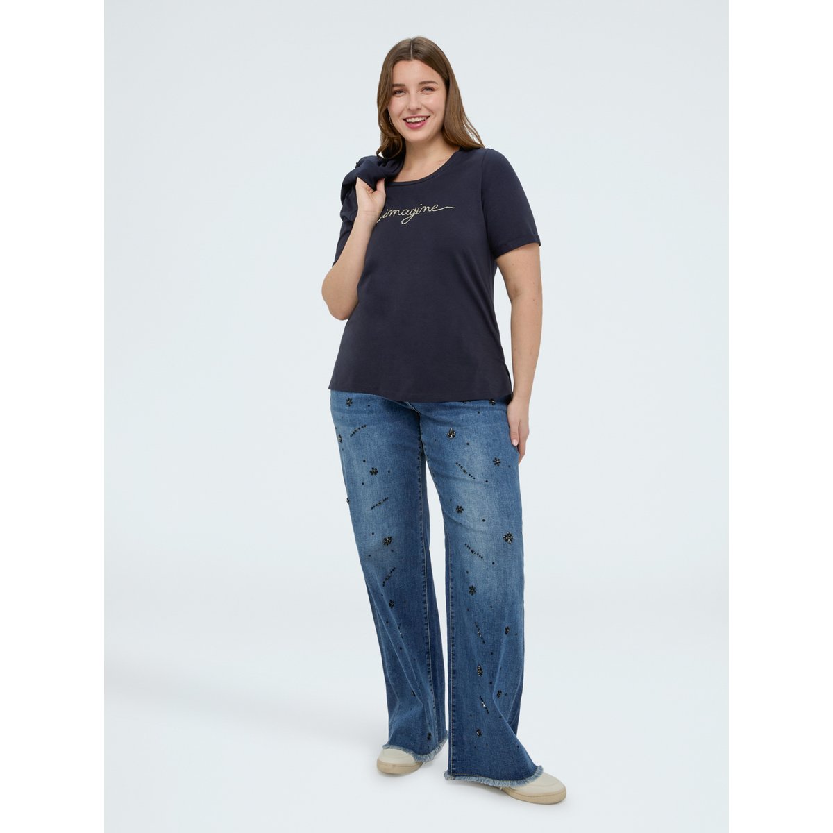 T-shirt en coton avec inscription crystal bleu, FIORELLA RUBINO