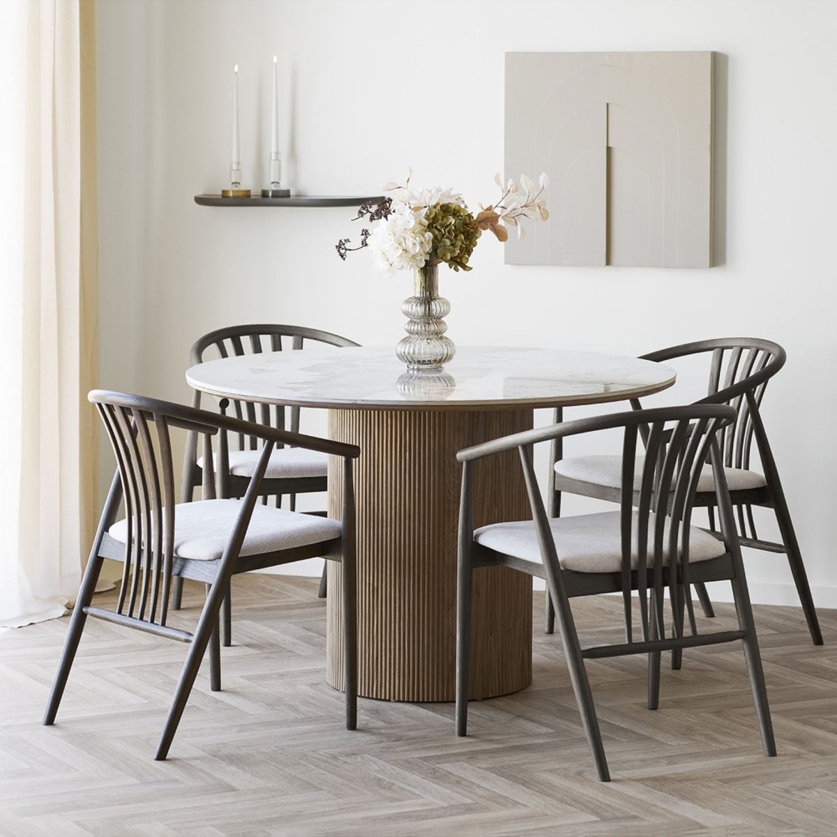 Table à manger 4 personne ronde effet marbre et bois- ATHENS marbre blanc, HOUSE NORDIC