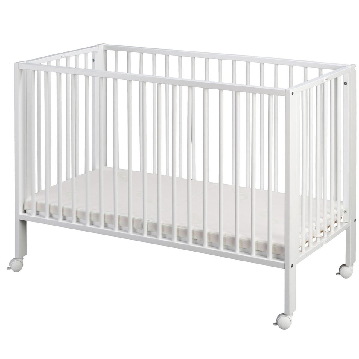 Lit pour enfant à barreaux pliable 60x120 cm avec matelas, Bois naturel blanc, TISSI