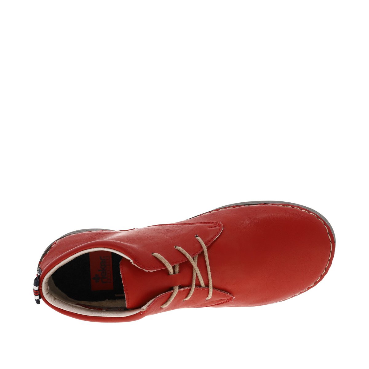 Bottines rouges à semelle plate lacets ronds beiges avec grosses surpiqûres contrastées rouges, RIEKER
