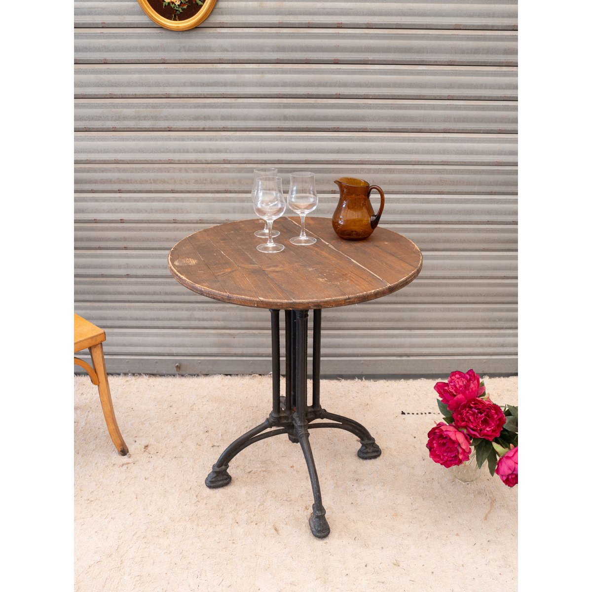 Table à manger bistro en bois et métal noir Denise N°1185 - Bon état bois foncé, DEBONGOUT