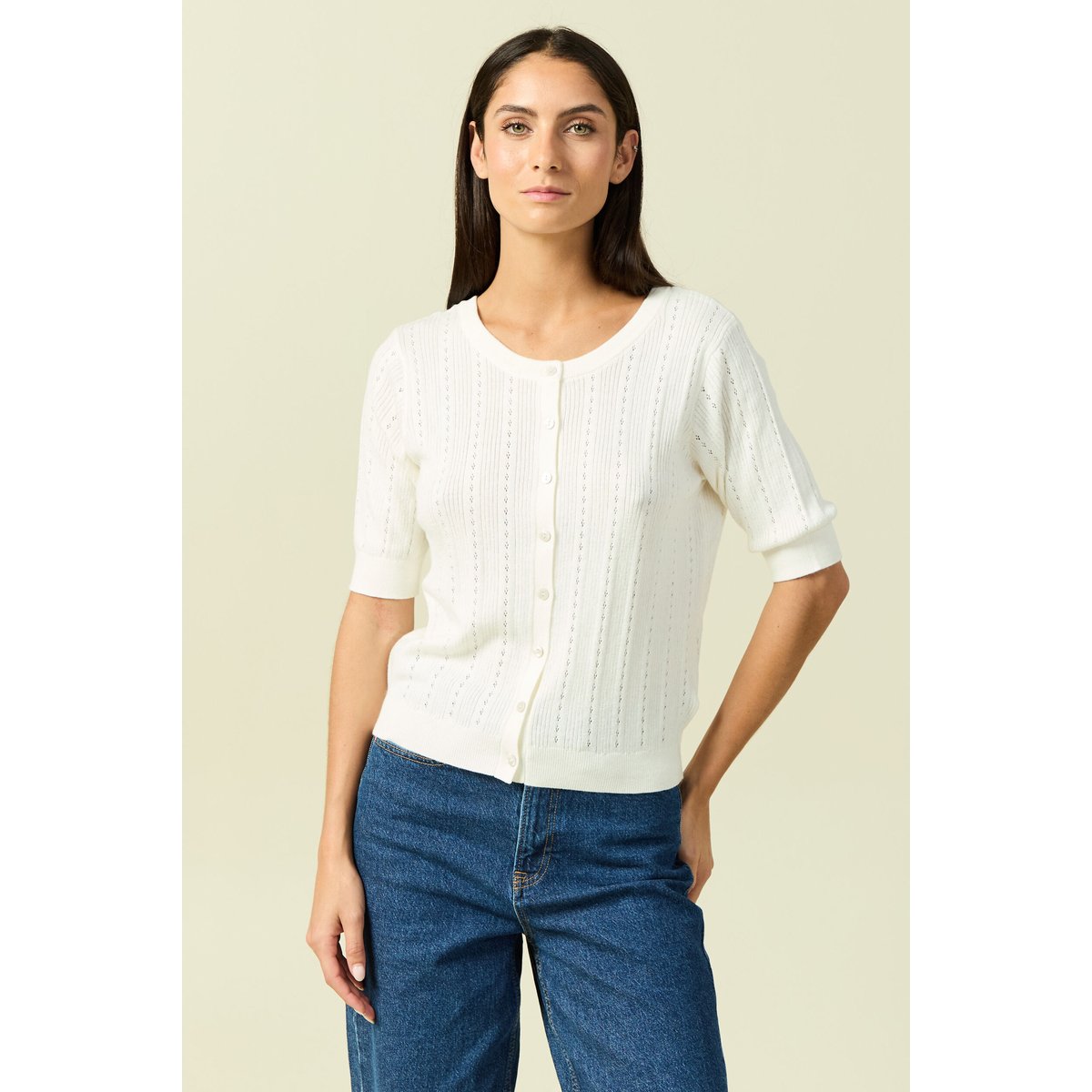 Gilet manches coude col rond ecru, BONOBO