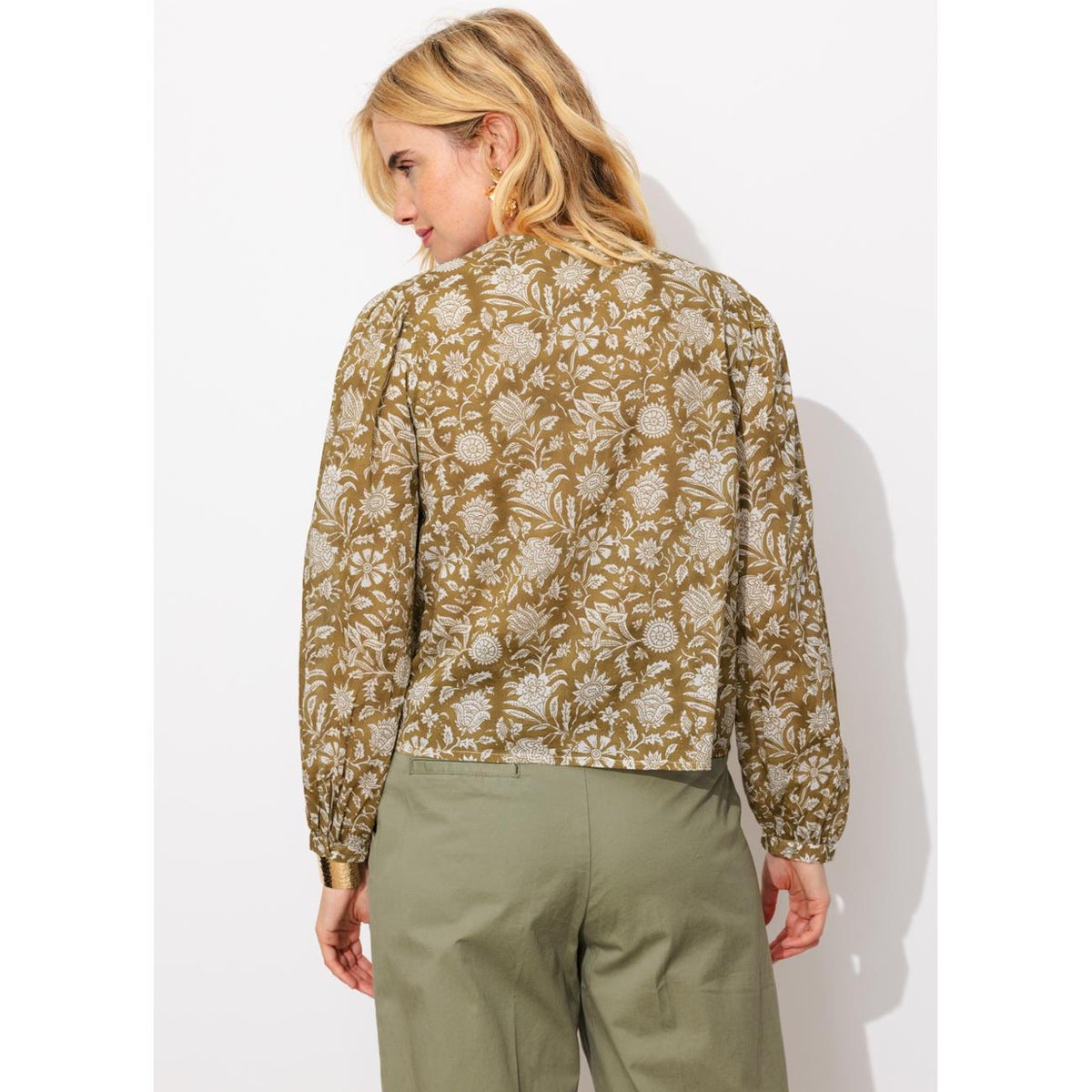 Blouse fleurie à plastron imprimé vert, PROMOD