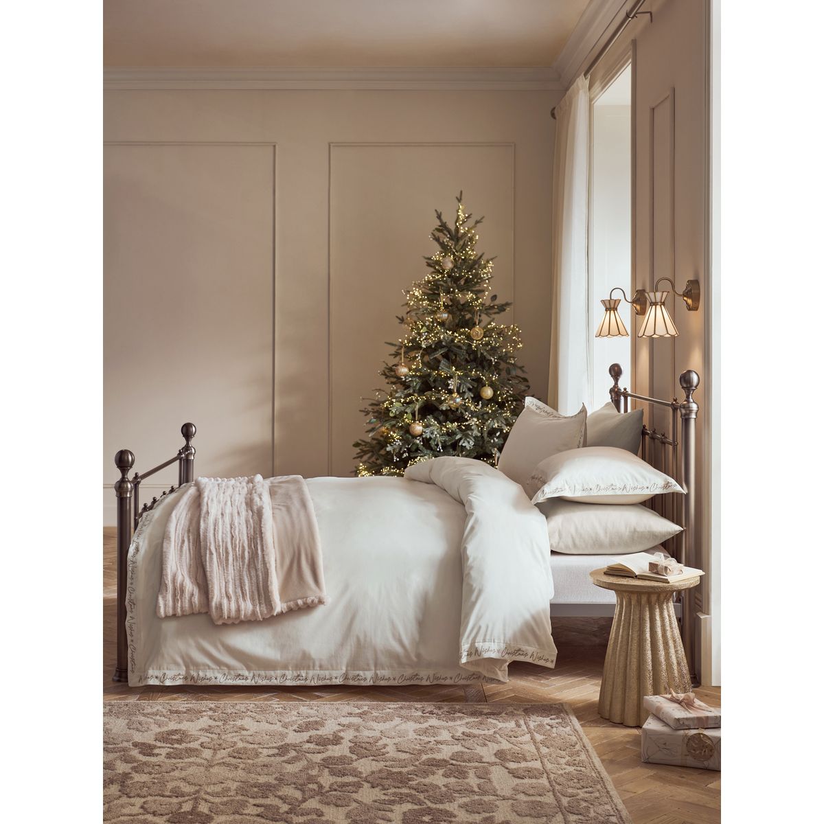 Parure housse satin brodé 200 fils vœux de noël blanc, NEXT