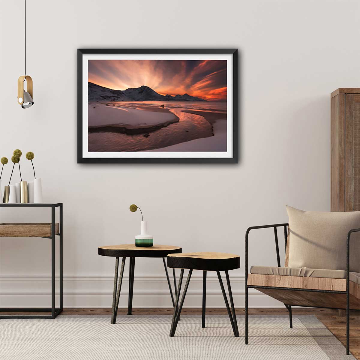 Affiche paysage Golden sunset affiche + cadre en bois - noir, HEXOA