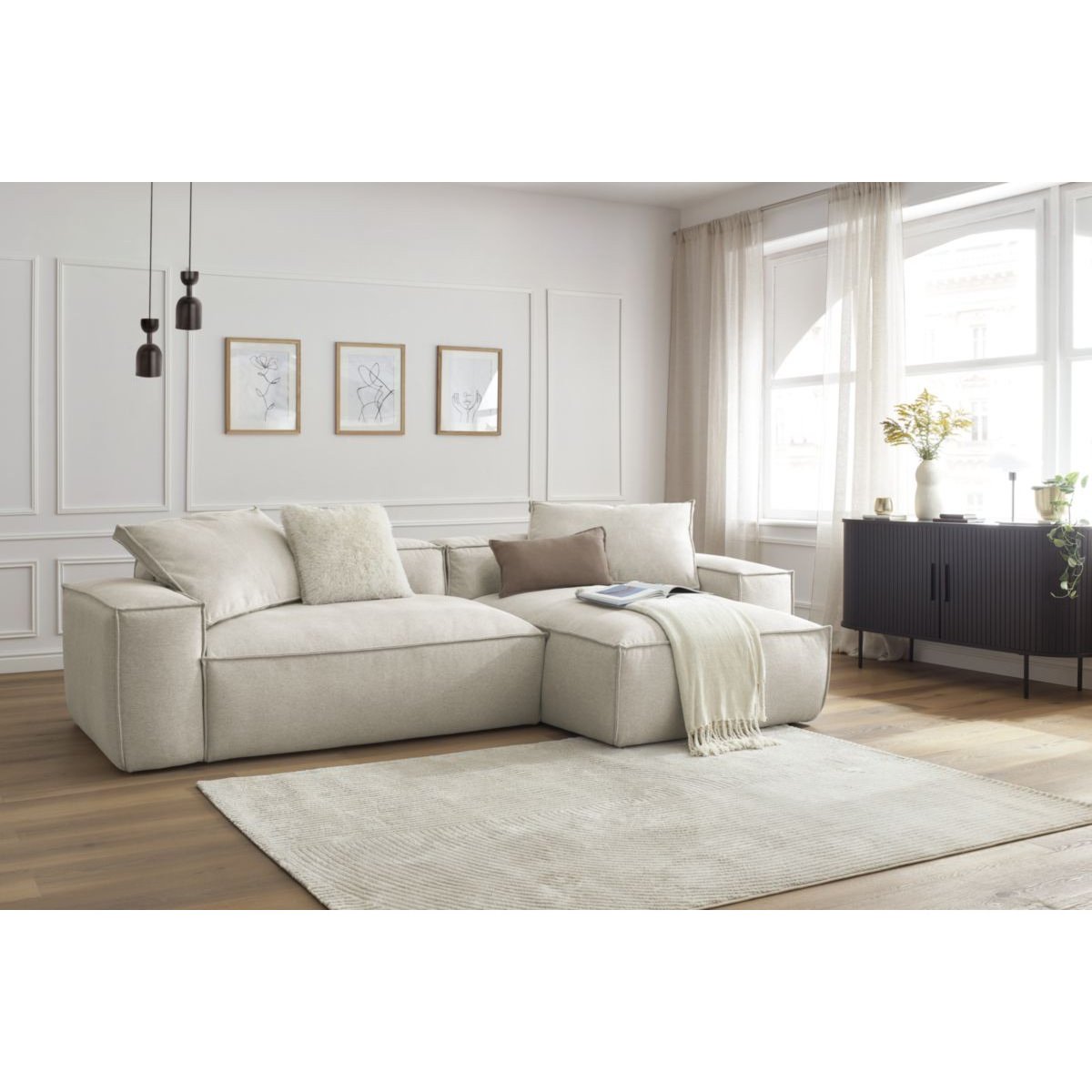 Canapé d'angle fixe 3 places en tissu chiné, BOHEME beige, BOBOCHIC