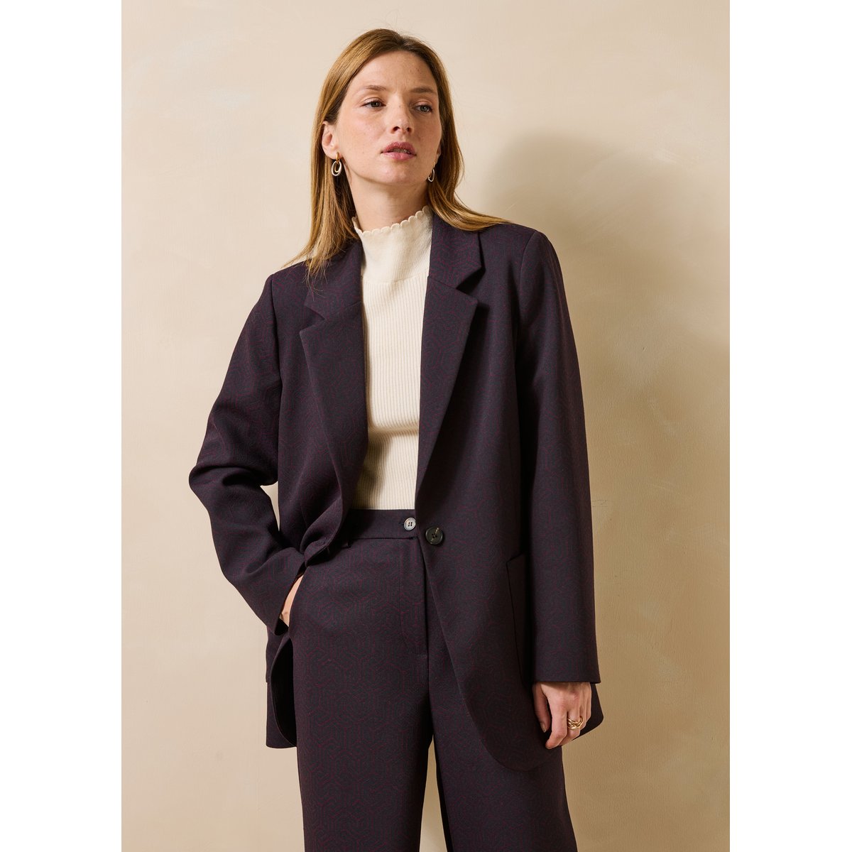 Veste de tailleur en jacquard aubergine/encre, LA FEE MARABOUTEE