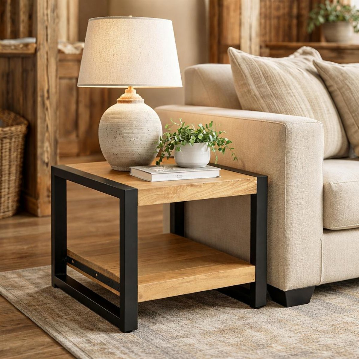 Bout de canapé bois et métal double plateau MILORA bois clair, PIER IMPORT