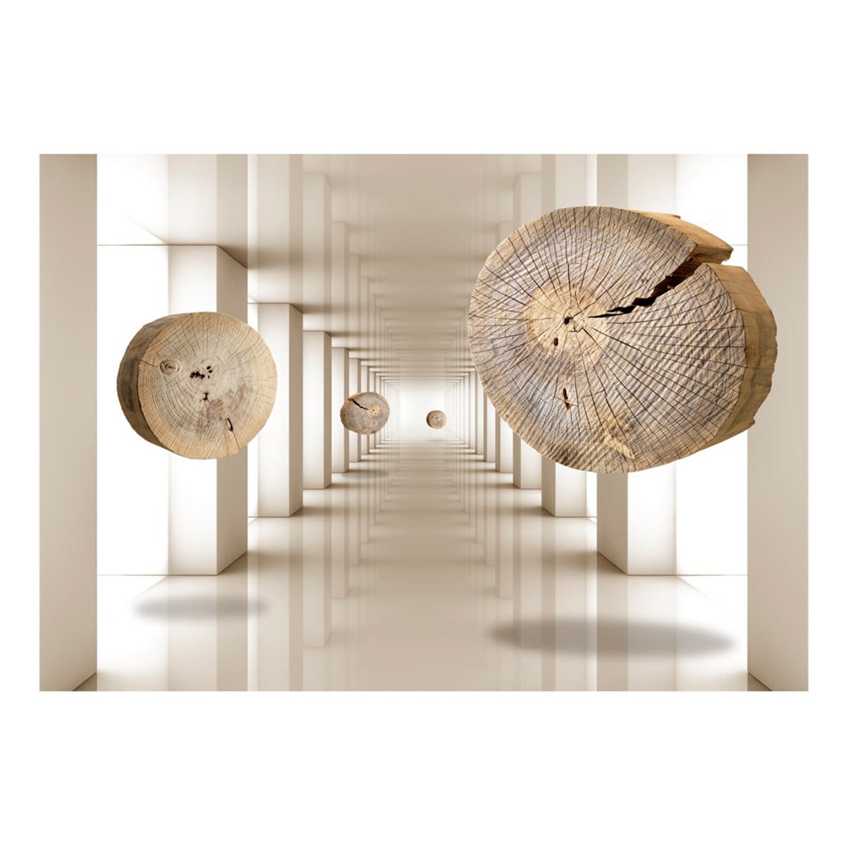 Papier peint intissé panoramique 3D et Perspective Cercles de bois volants beige, EDEN