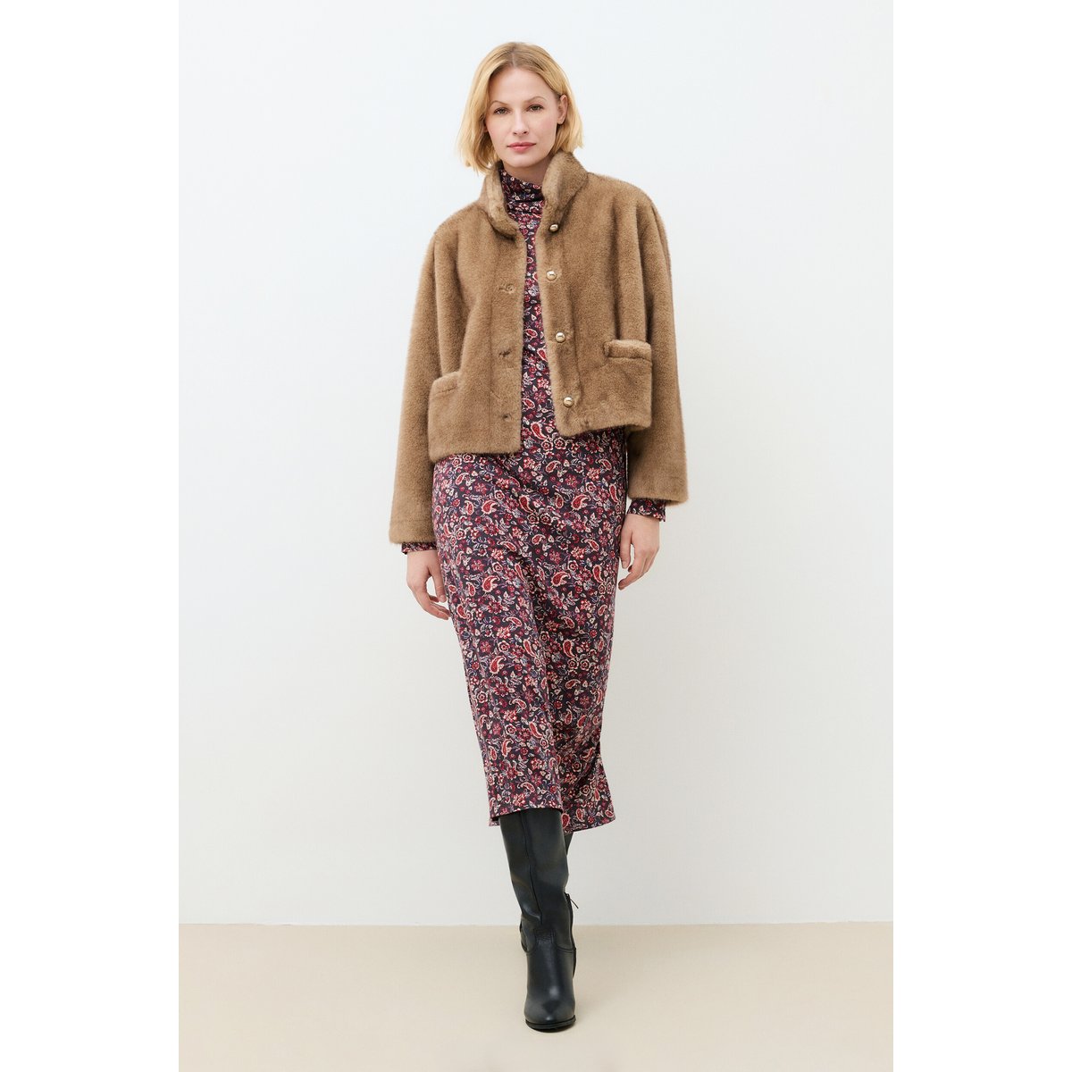 Manteau droit col montant GHUSKY marron clair, CAROLL