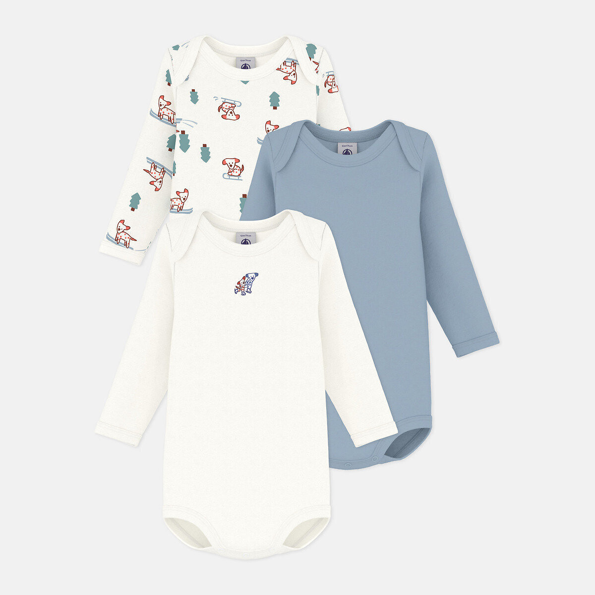Confezione da 3 body maniche lunghe blu + bianco, PETIT BATEAU