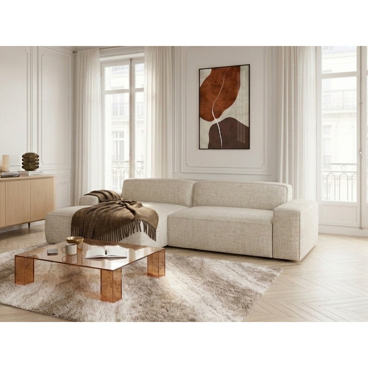 Canapé d'angle convertible 3 places en tissu chiné, ABEL beige, BOBOCHIC