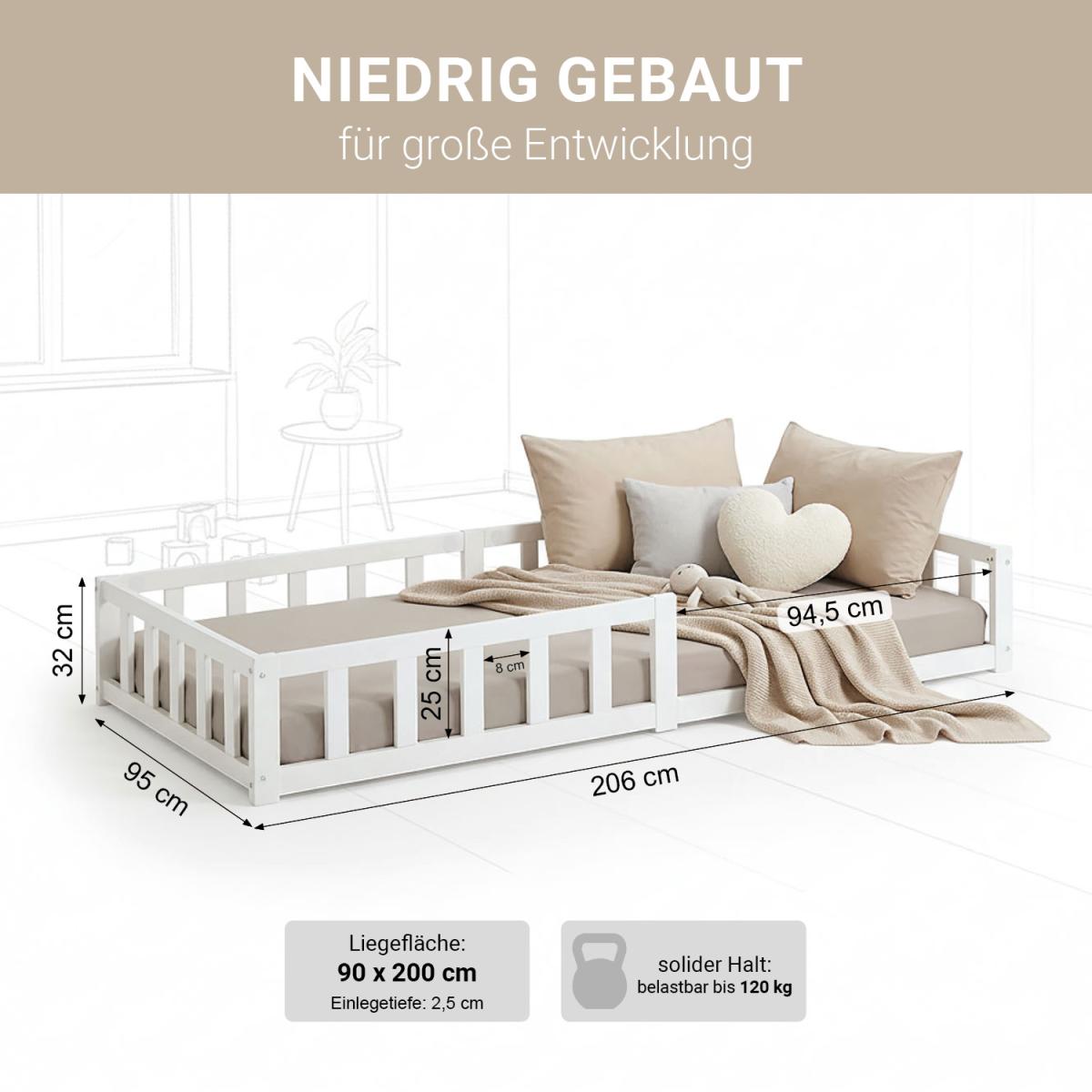 Lit enfant Montessori 90x200 cm blanc, bois massif, sommier, barrière, entrée réversible couleur unique, HOMESTYLE4U