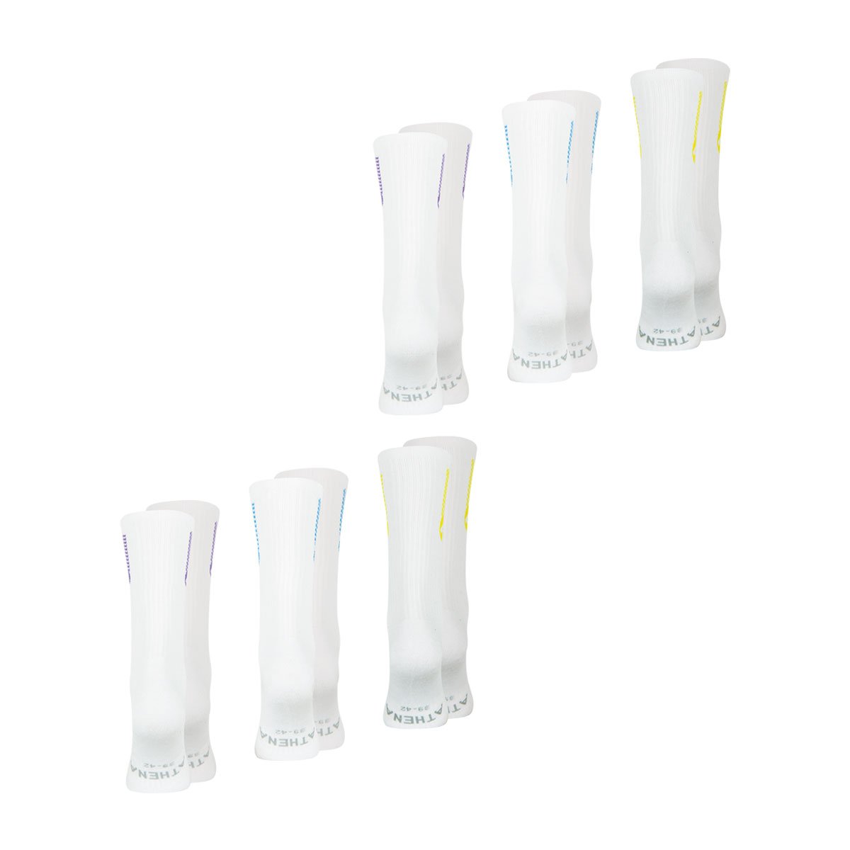 Chaussettes mi-hautes, lot de 6 paires, training dry blanc et jaune-blanc et bleu-blanc et violet, ATHENA