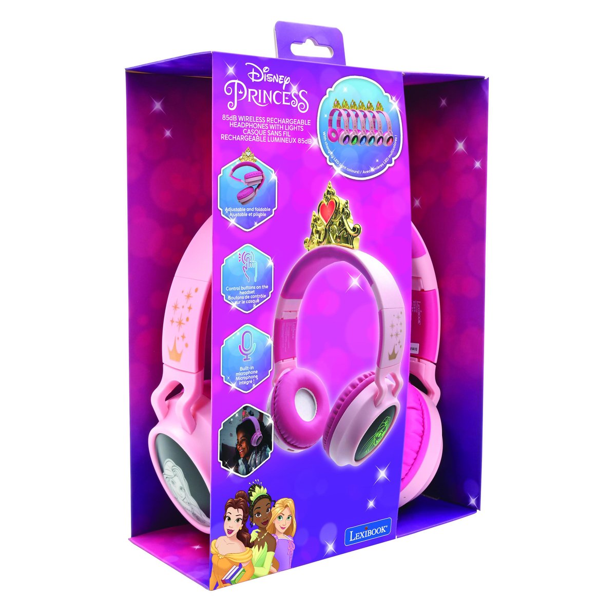 Casque lumineux pliable Bluetooth® et filaire avec un design d'une tiare de l'univers des Princesses Disney rose, LEXIBOOK