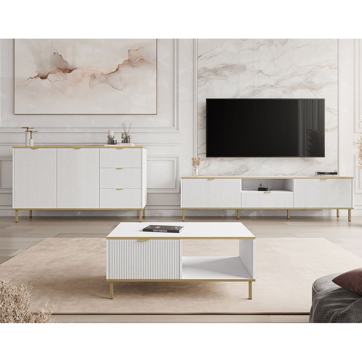 Meuble TV - HOPE blanc / doré, BEST MOBILIER