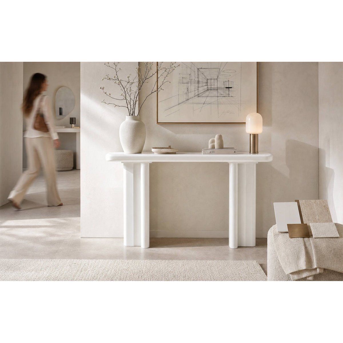 Console contemporaine en bois blanc brillant, RECOLLECTION
