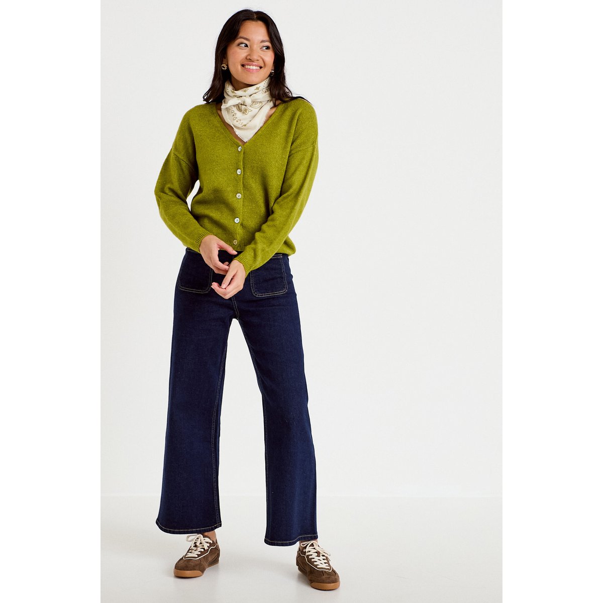 Jean wide leg cropped taille haute denim brut, CACHE CACHE