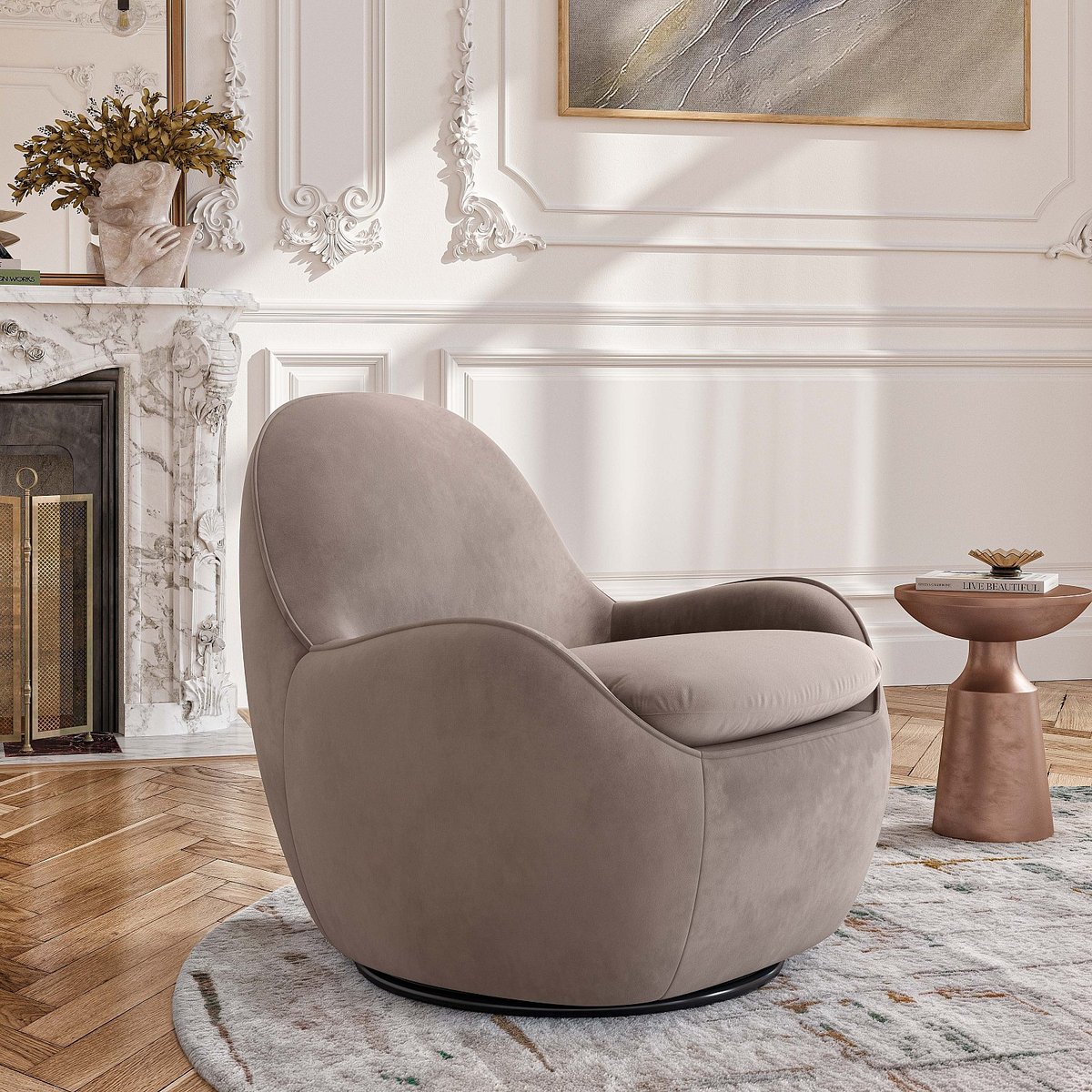 Fauteuil droit velours BOCA gris, taupe, HABITAT