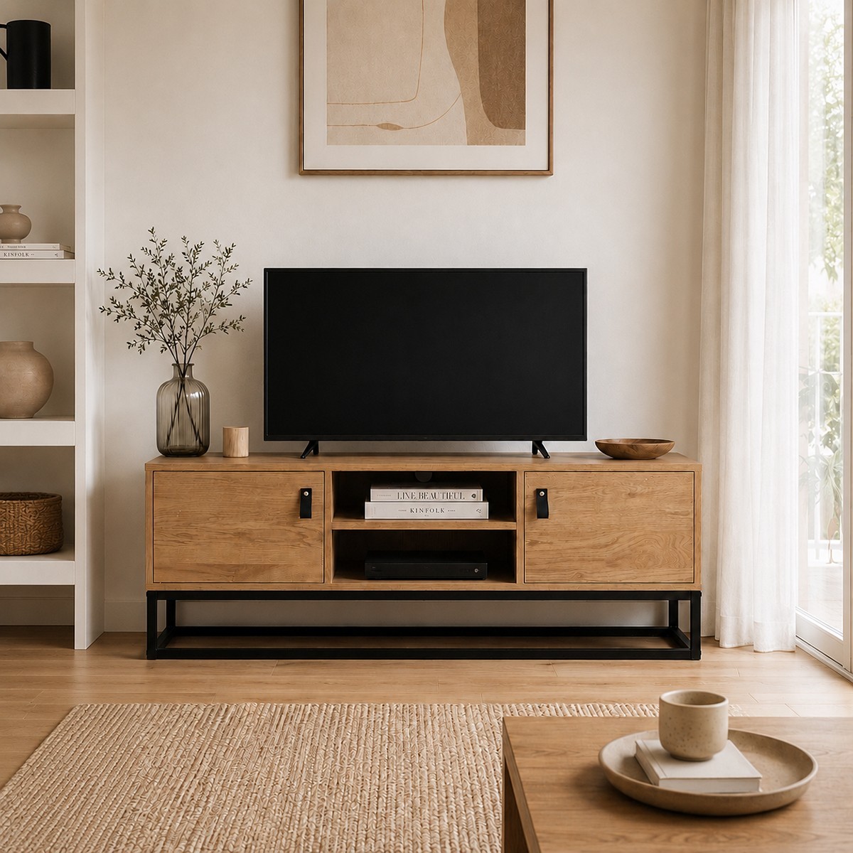 Meuble TV Décor Chêne 2 Portes 2 Niches L120 cm - JILL bois foncé, CALICOSY