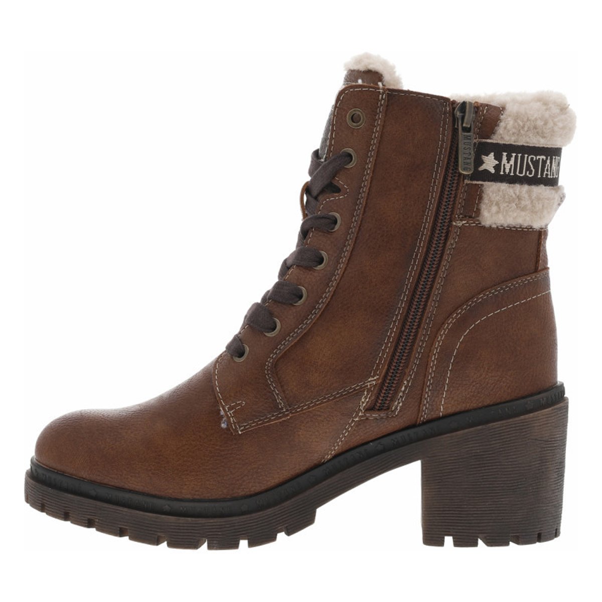 Bottines cognac à talon décroché moyen avec des lacets plats et un zip cognac, MUSTANG