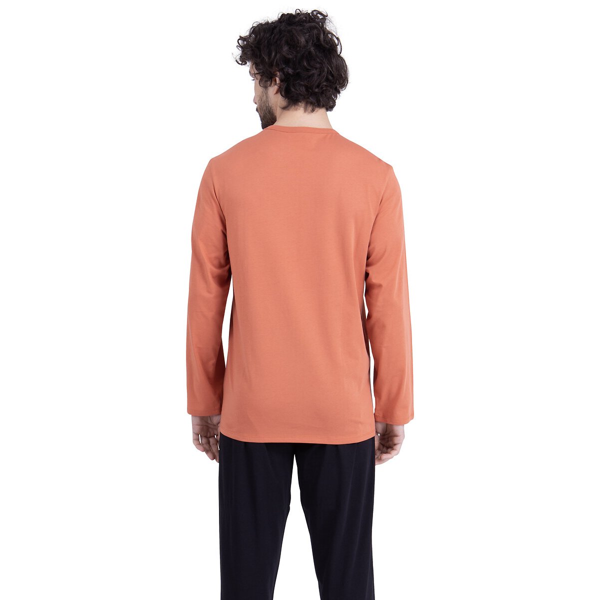 Pigiama lungo in cotone, a maniche lunghe nero/terracotta, ATHENA