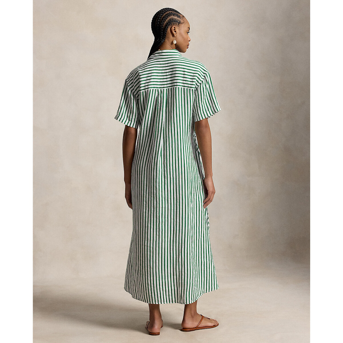 Robe chemise rayée manches courtes midi en lin et coton rayé vert/blanc, POLO RALPH LAUREN