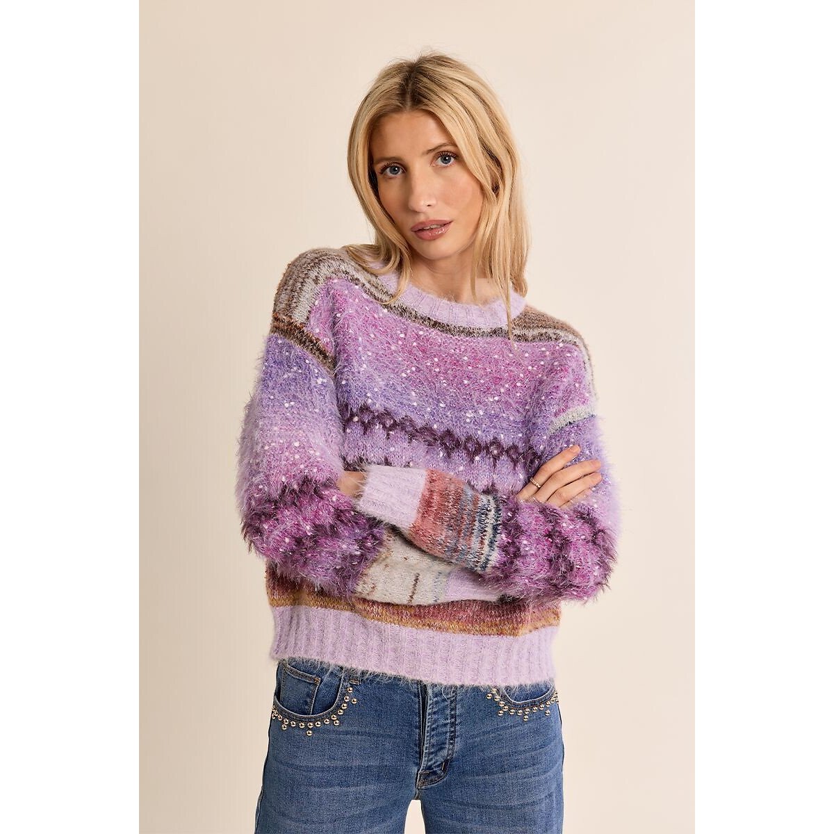 Pull girocollo con stampa tie-dye e dettagli in paillettes malva, MOLLY BRACKEN