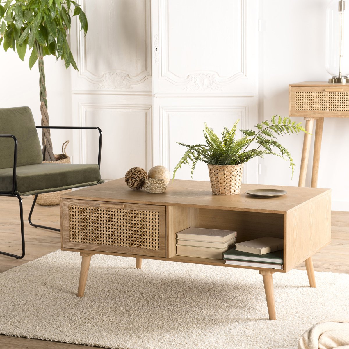 Table basse 100x60cm en bois et tiroir cannage en rotin style vintage PALMA bois naturel, PIER IMPORT