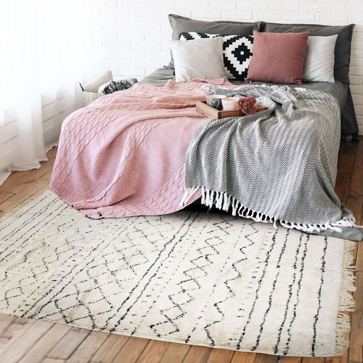 Tapis de salon en coton motifs ethniques   BERBERE ETHNO beige, THE DECO FACTORY