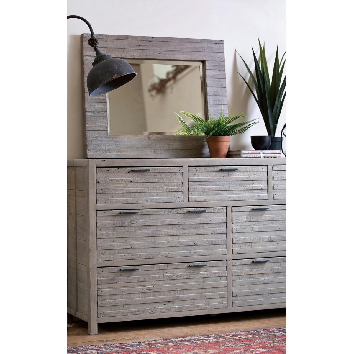 Commode 7 tiroirs en bois recyclé gris lamelles horizontales style campagne 160 cm SIENNE bois naturel, PIER IMPORT