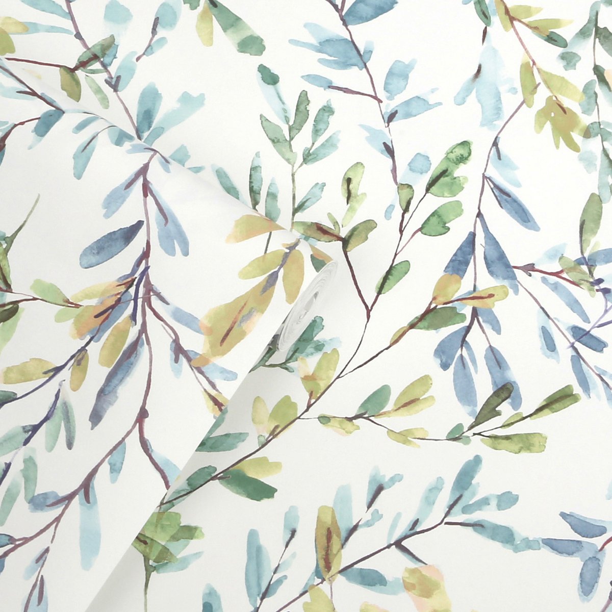 Papier peint Feuillage effet aquarelle Brayton vert, bleuté, ocre, LAURA ASHLEY