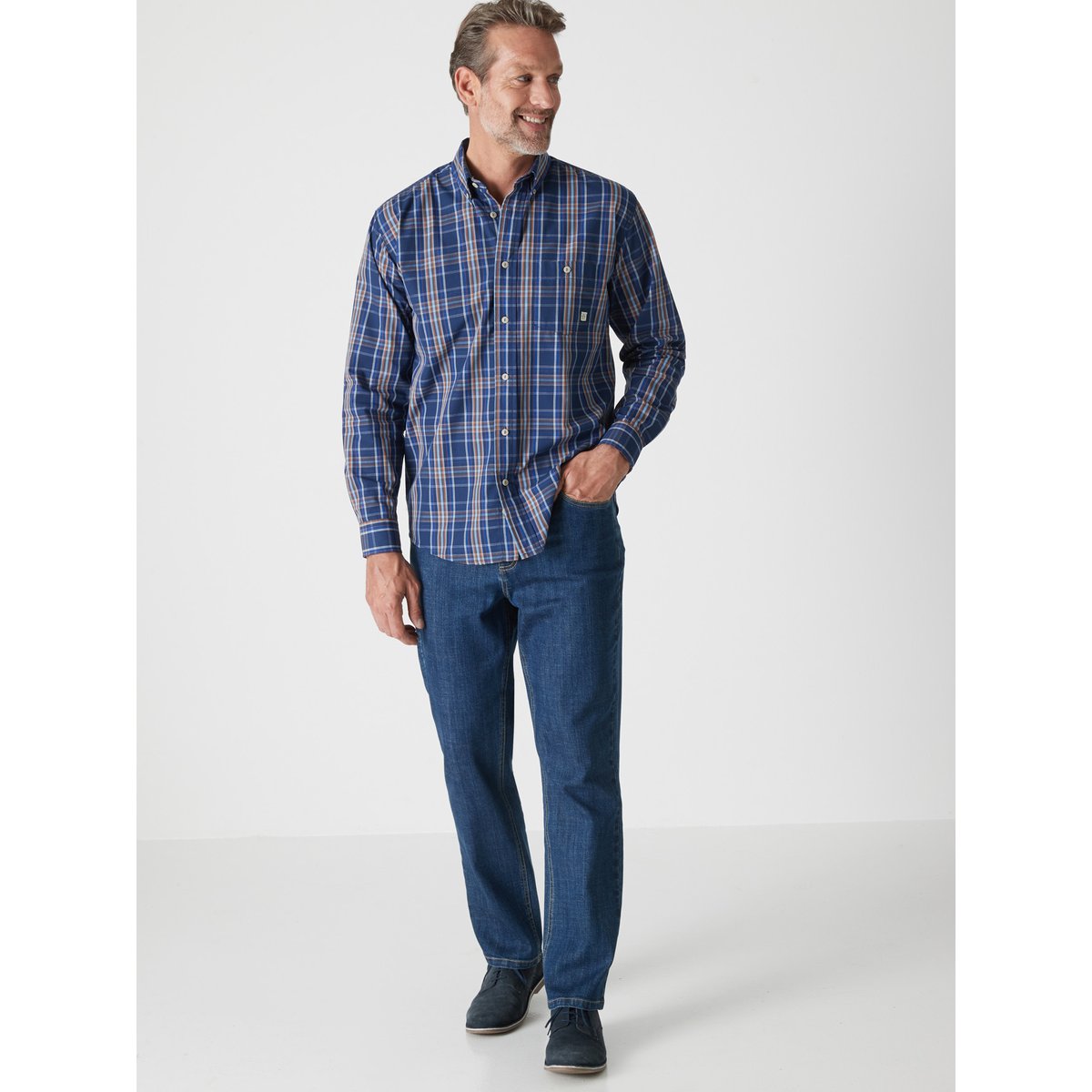 Chemise manches longues à carreaux bleu carreaux rayé bleu, DAXON