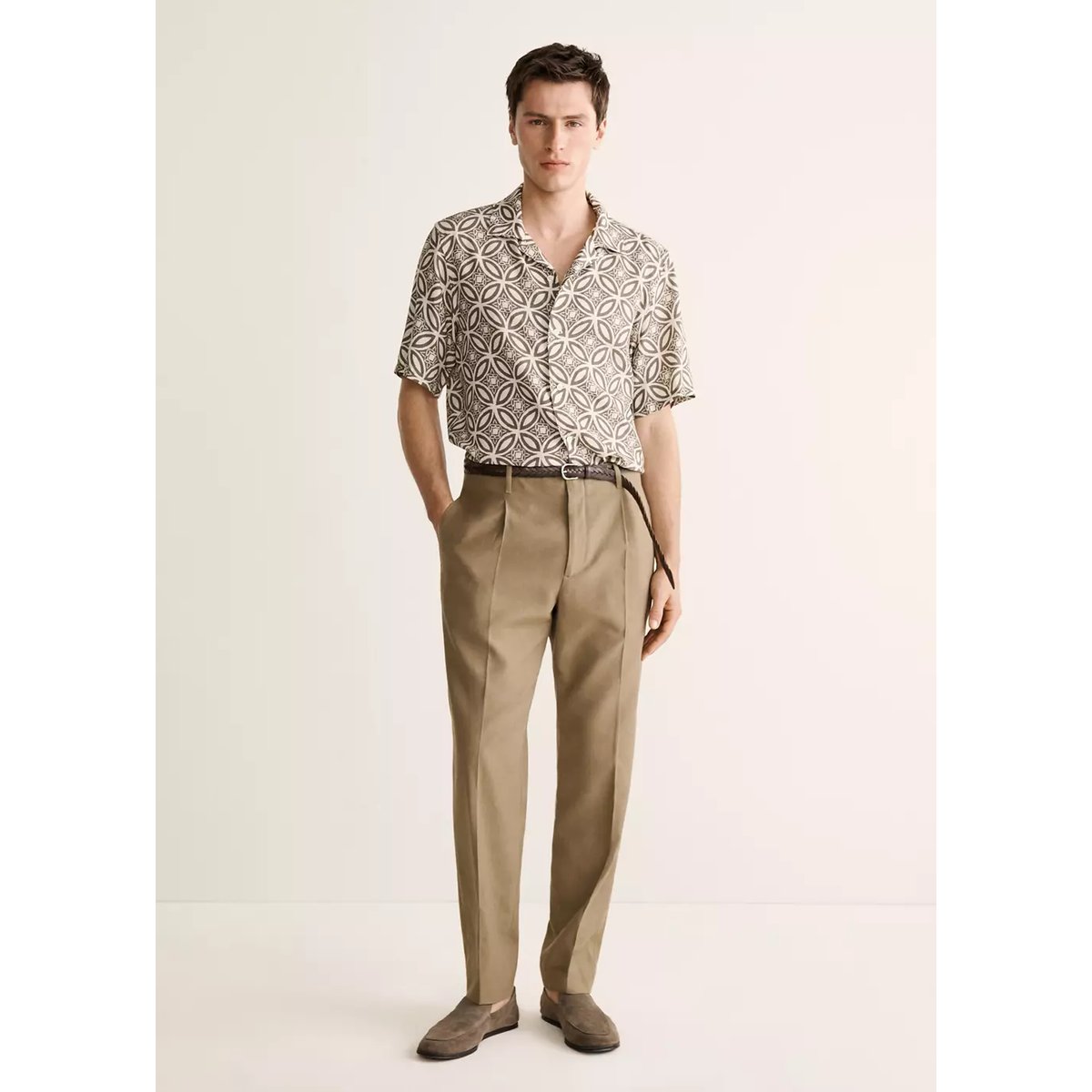 Chemise imprimée col bowling kaki, MANGO MAN