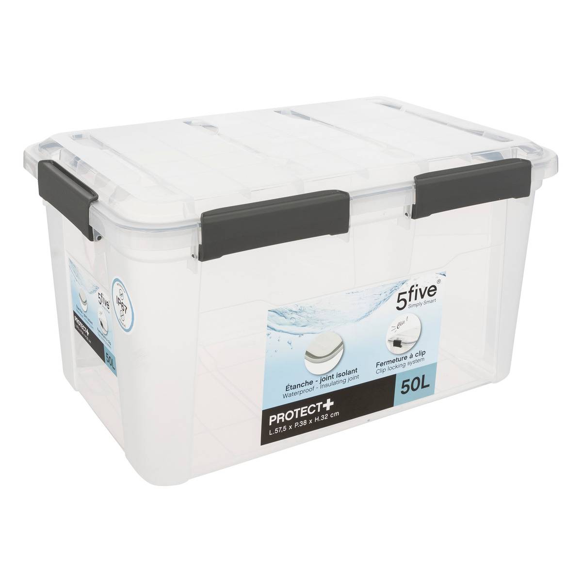 Boîte de rangement à clip 50L PROTECT+ transparent, 5FIVE SIMPLY SMART