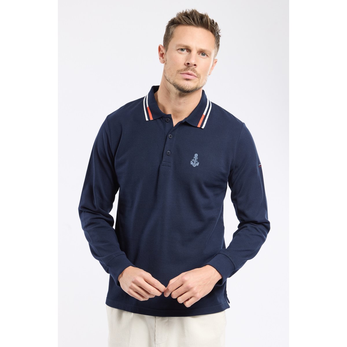 Polo manches longues en coton marine deep, ARMOR-LUX