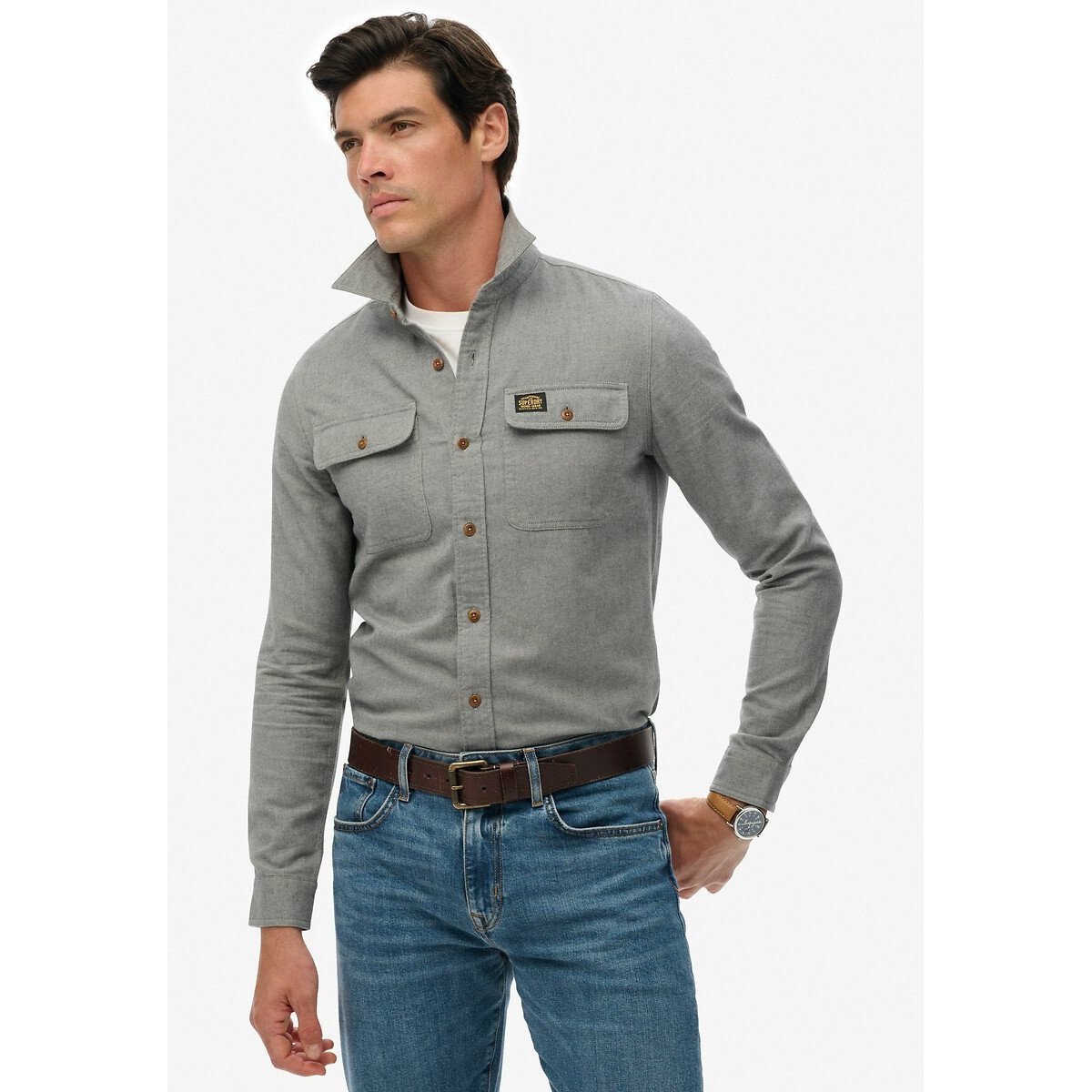 Chemise unie en flanelle gris bleu, SUPERDRY