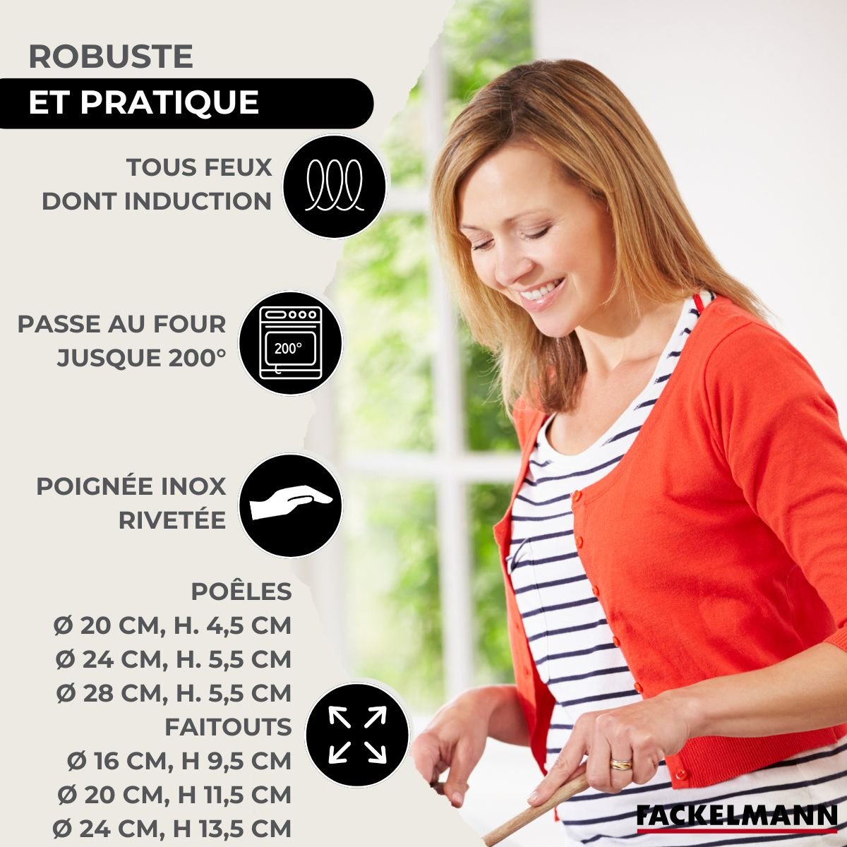 3 poêles 20/24/28, 3 faitouts 16/20/24 ETHERNA BRILLANT VARIO inox, FACKELMANN