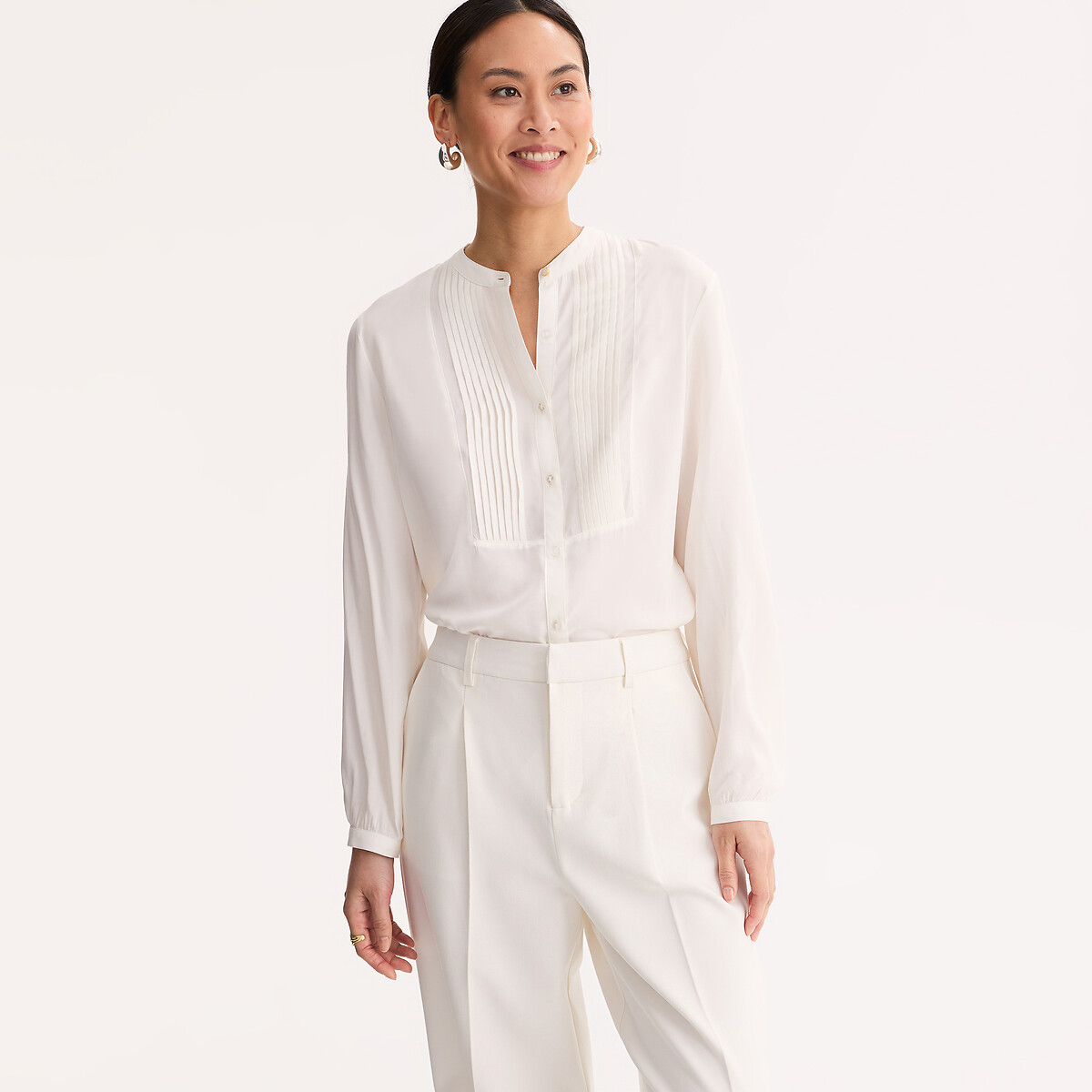 Crew Neck Blouse with Long Sleeves ecru , ANNE WEYBURN