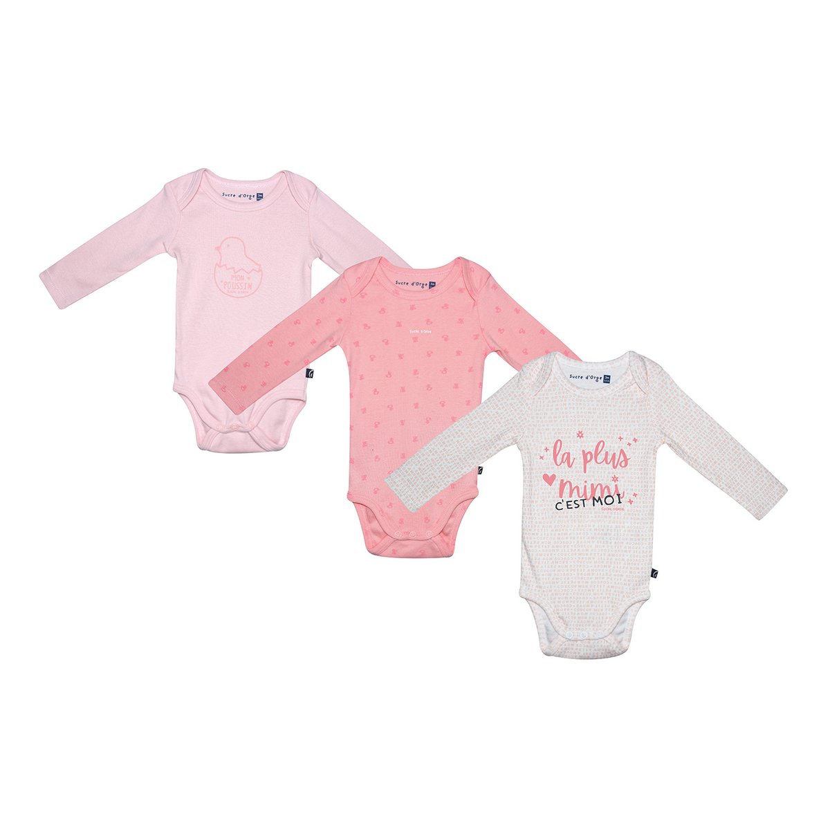 Lot de 3 bodies pandorette manches longues rose, SUCRE D'ORGE